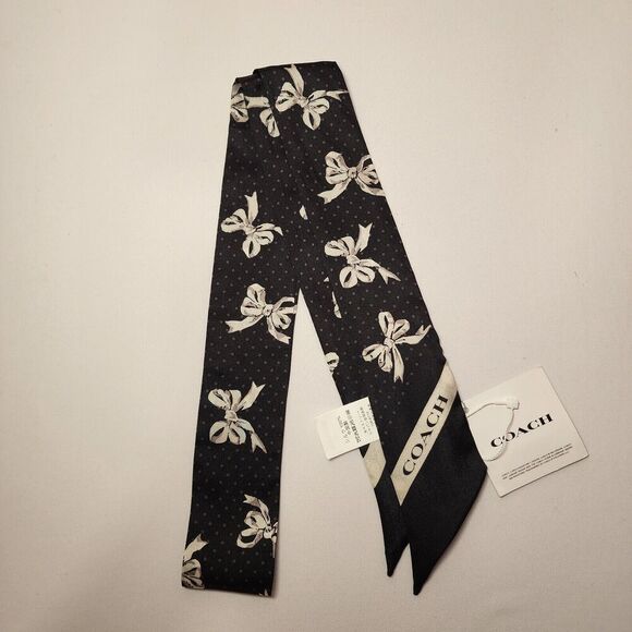 NWT Coach CAG05 Petite Bow Print Silk Skinny Scarf Black - Picture 1 of 2